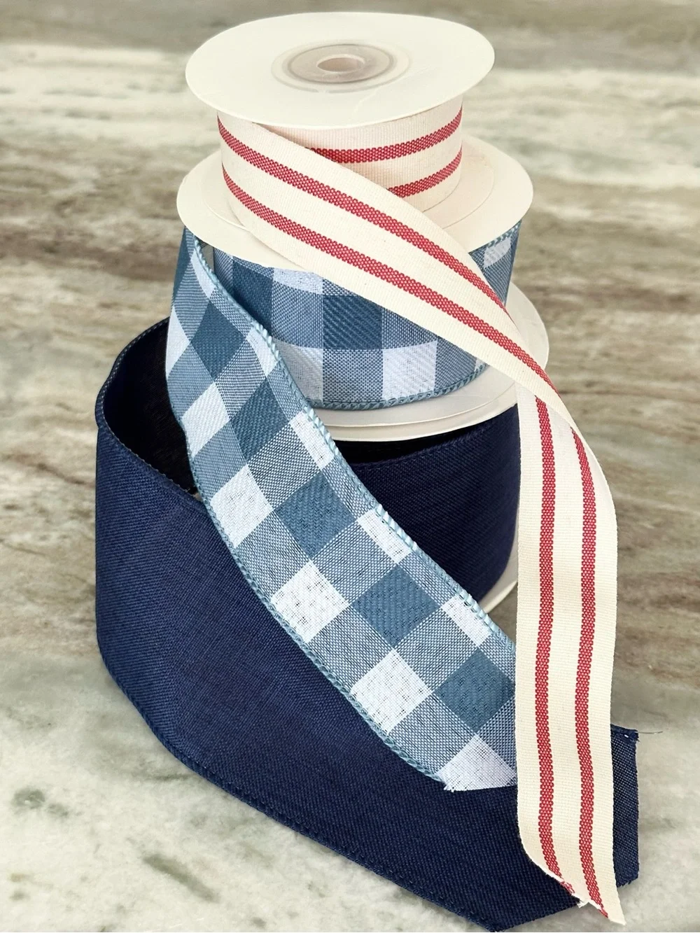 Navy, Blue Gingham & Red & White Stripe Decorative Ribbon Set- Gift Wrap Crafts